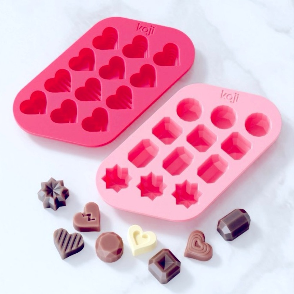 New Koji Pink Chocolate Mold Set Heart & Gem Easy Release Silicone 24 Cavity